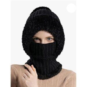 Women's Black Knit Hat Winter Scarf Mask Set Snow Caps Plush Earmuff Skull Hat
